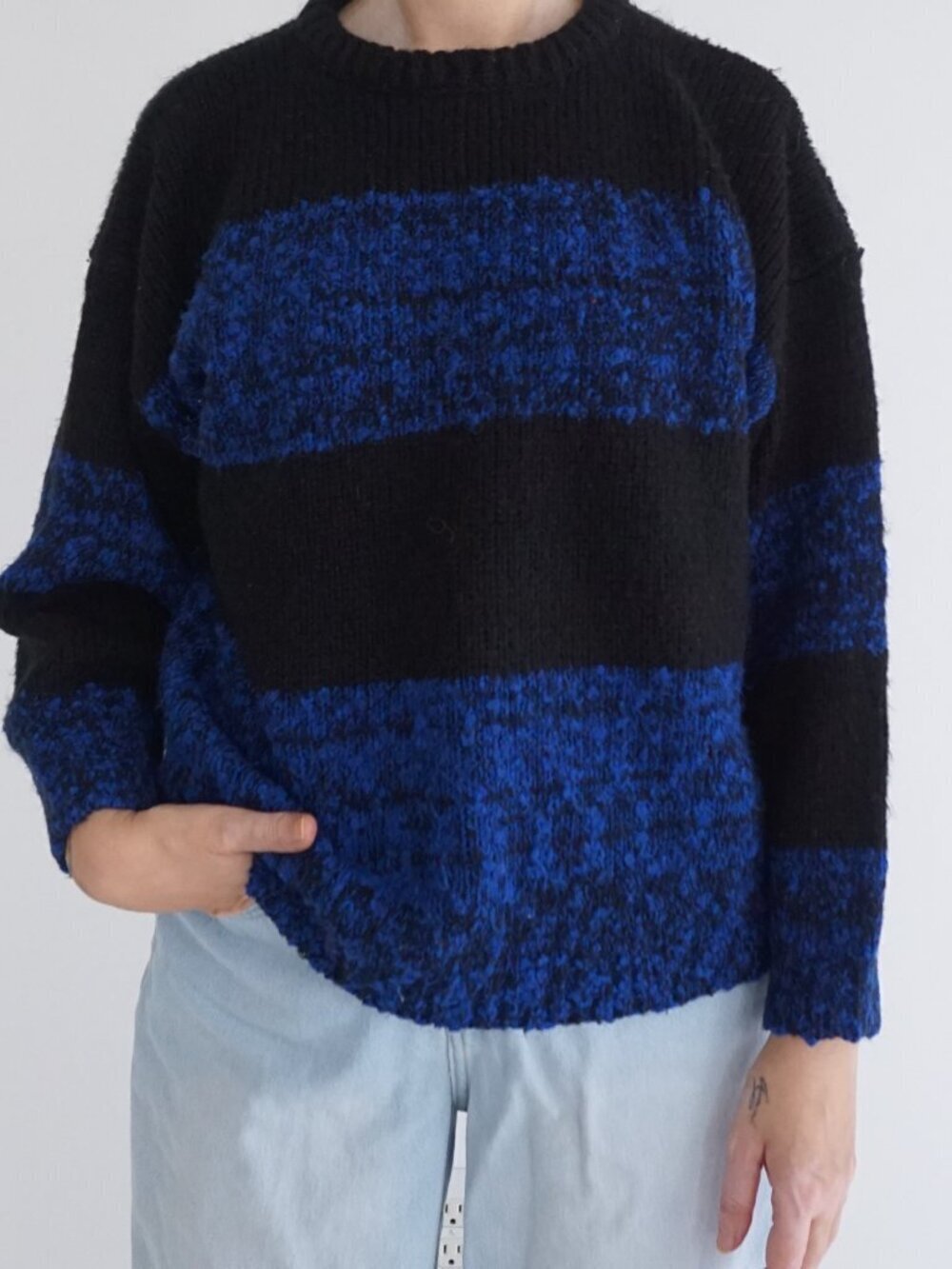 Vintage Presence Black Blue Stripe Boucle Textured Ribbed Sweater Gorpcore S